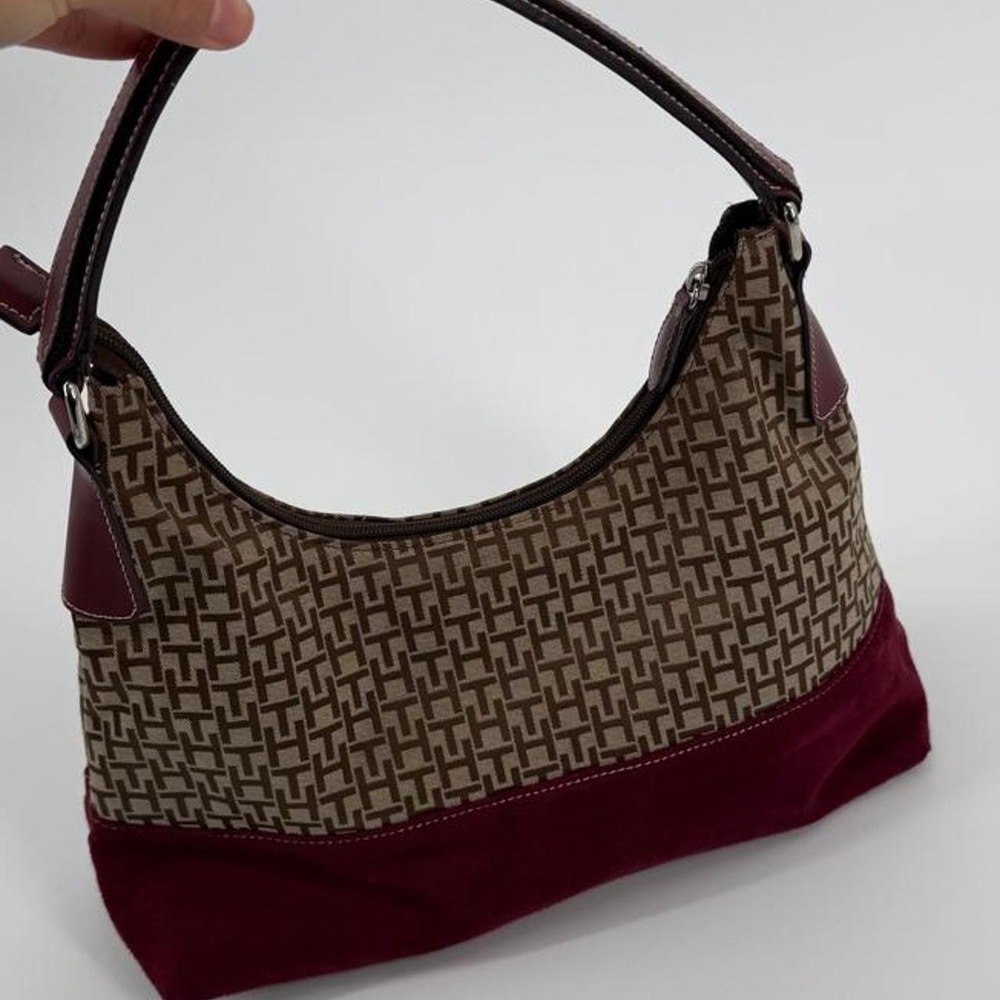Tommy Hilfiger Monogram Geometric Shoulder Bag Brown Beige Burgundy Handbag